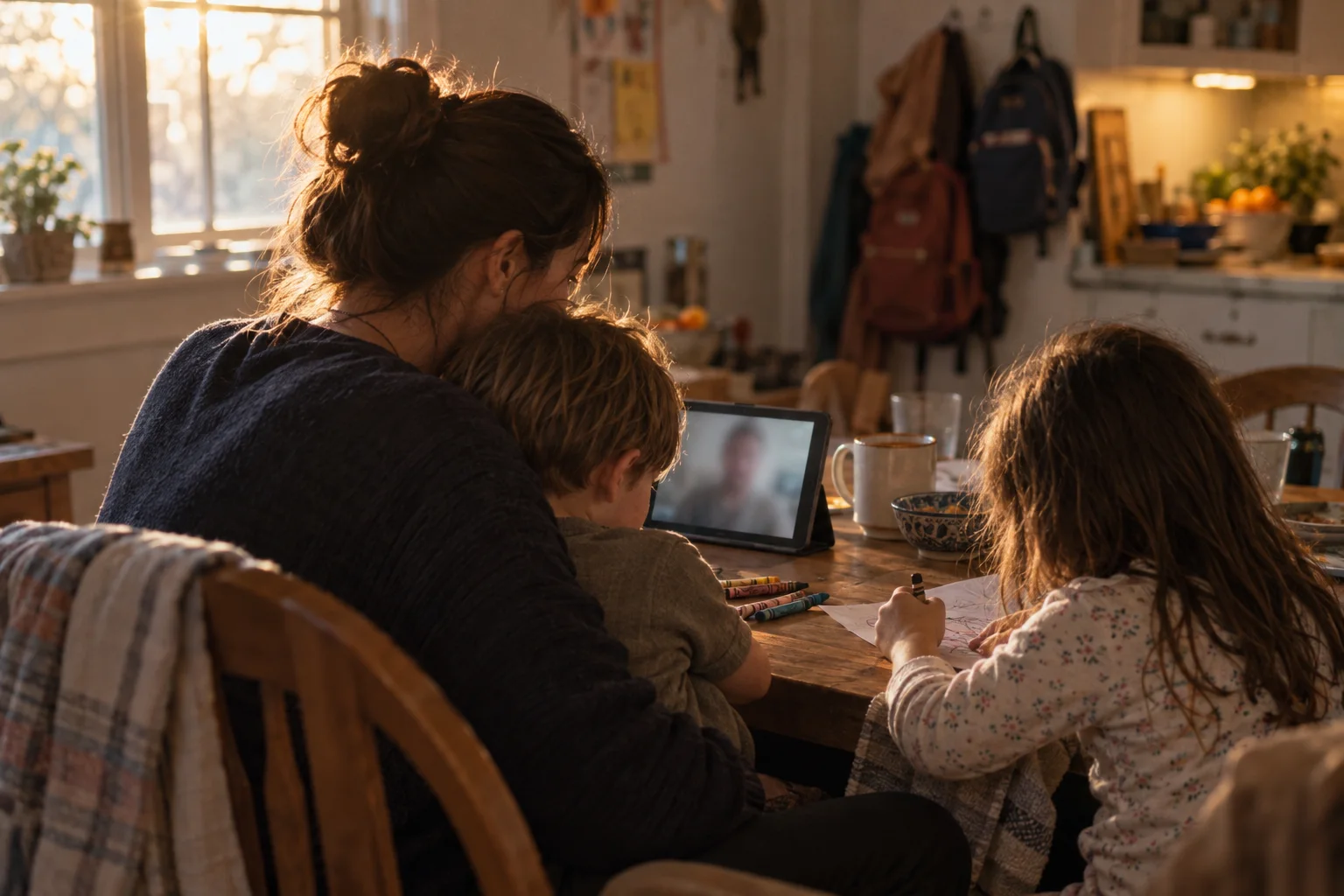Military family gathered around a video call with a deployed loved one