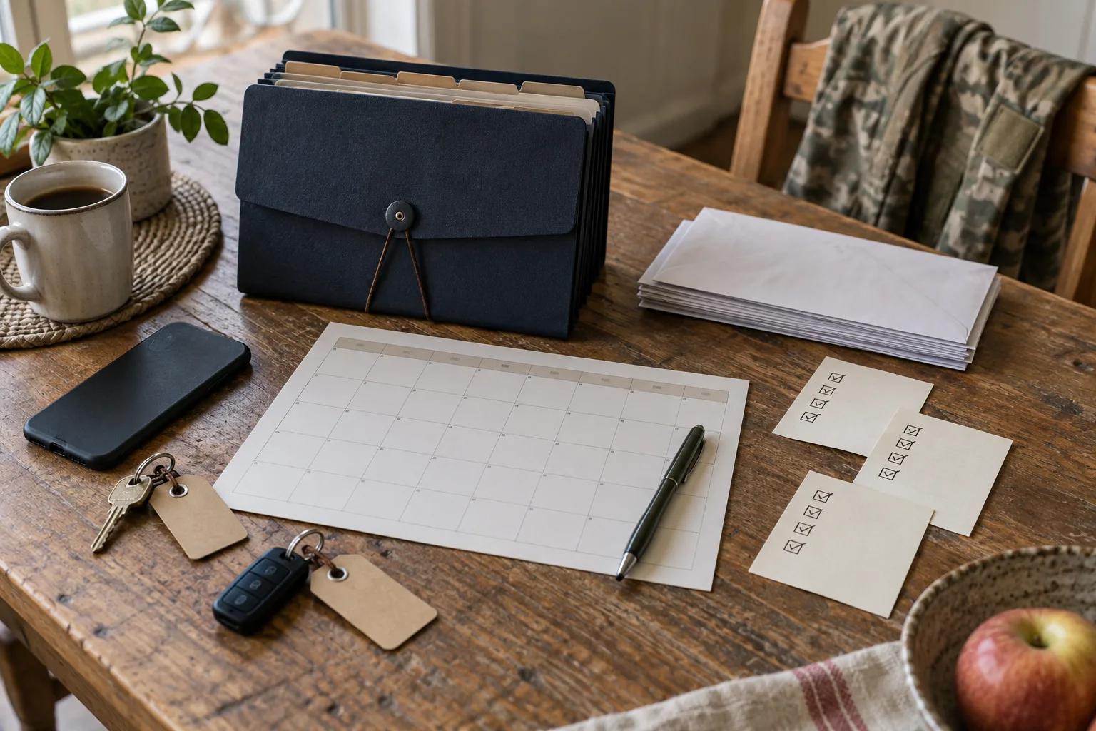 Organized deployment planning table with calendar, mail, keys, phone, and service jacket